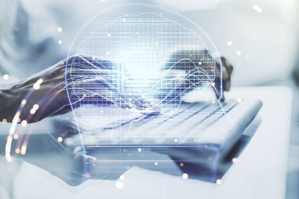 istock Double exposure of creative artificial Intelligence symbol with hands typing on laptop on background. Neural networks and machine learning concept 1936655931