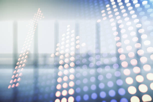 istock Virtual upward arrows illustration on empty corporate office background. Breakthrough and progress concept. Multiexposure 1936656974