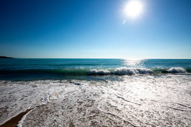 istock Seascape with beach, waves, sun and empty blue sky 1936660147