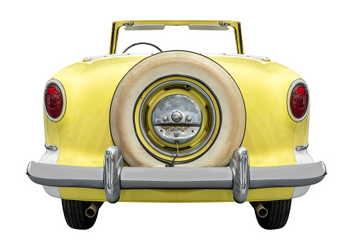 Rear view yellow retro car isolated on white background with clipping path
