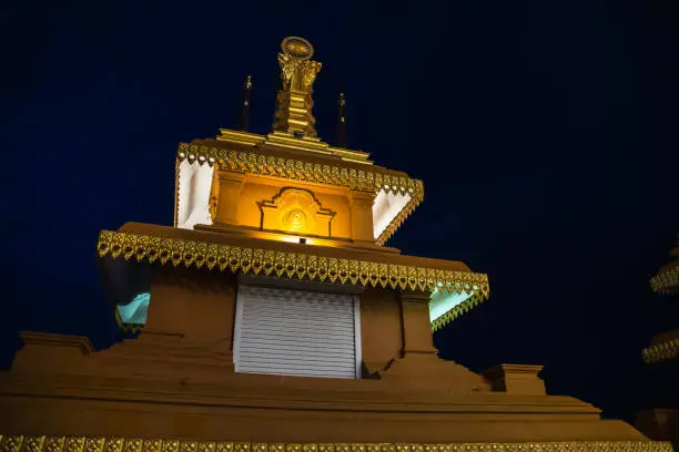 Rooftop of the Mahamevnawa Amawatura Monastery are under night sky. Buddhist Monastery located in Malabe district of Colombo, Sri Lanka