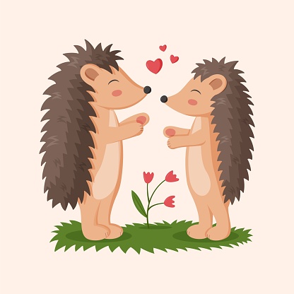 Cartoon hedgehogs. Little forest wild animals. Romantic couple. Happy woodland urchins. Funny mammals. Kiss and hugs. Valentine card. Love hearts. Cute zoo characters dating. Vector kids illustration