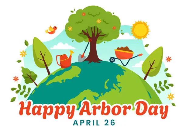 Vector illustration of Happy Arbor Day Vector Illustration with Planting a Tree, Plant, Garden Tools and Nature Environment in Flat Kids Cartoon Background