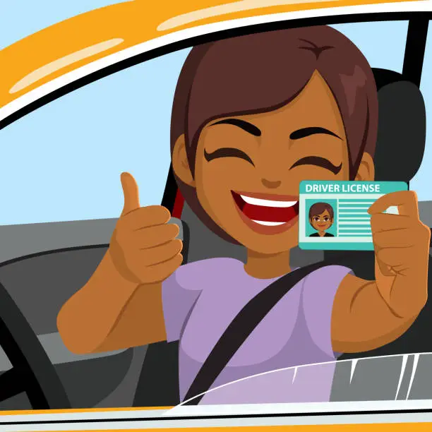 Vector illustration of Smiling Girl Holding Driving License