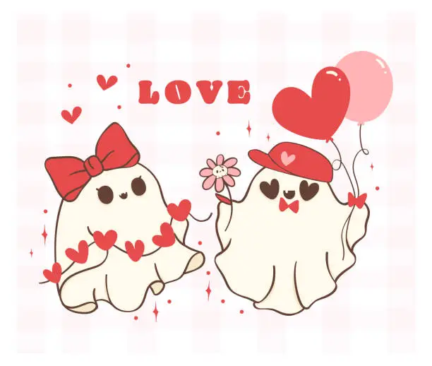 Vector illustration of cute retro valentine ghost couple - spooky love doodle in kawaii style