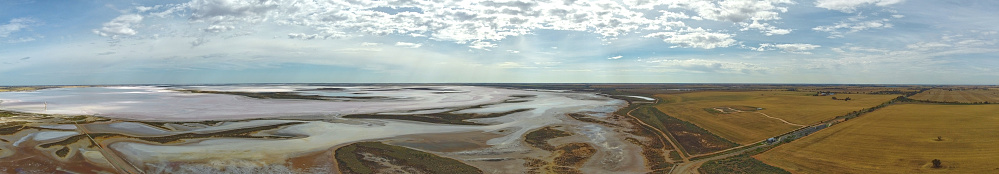 Aerial view of Lake Tyrrell, is a shallow, salt-crusted depression in the Mallee district of north-west Victoria, Australia, image in panorama.