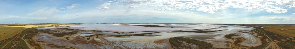 Aerial view of Lake Tyrrell, is a shallow, salt-crusted depression in the Mallee district of north-west Victoria, Australia, image in panorama.