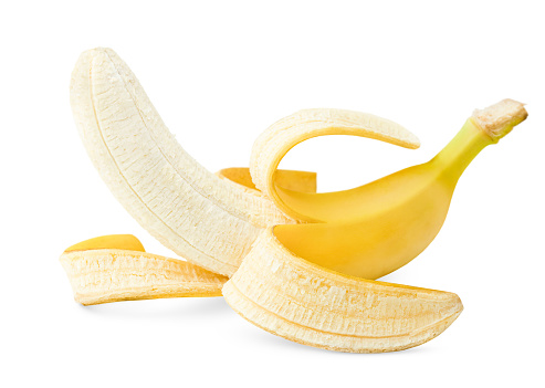 one peeled banana on a white isolated background