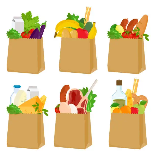 Vector illustration of Paper bags set with groceries. Food in shopping bags. Supermarket food products. Vector illustration