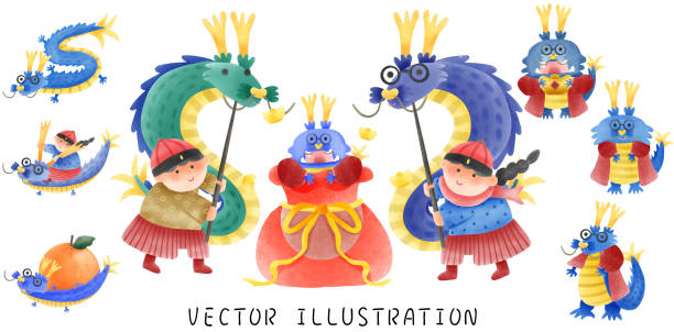 яркий и праздничный: 2024 год корейского голубого дракона в акварельном искусстве - happy new year 2024 stock illustrations