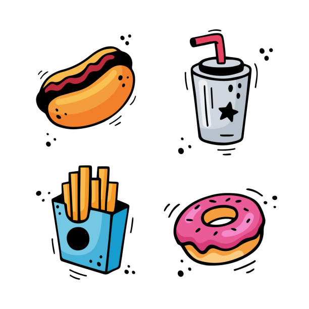 ilustrações de stock, clip art, desenhos animados e ícones de fast food set - hot dog, french fries, drink, donut. fast food combo drawn with felt tip pen. comic doodle sketch style. - sandwich sketch cartoon line art