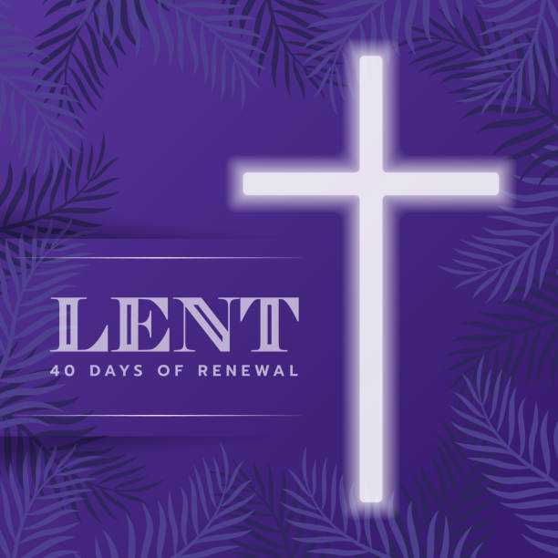 LENT, 40 day of renewal - Text and white light cross crucifix sign on plam leave purple texture background vector design LENT, 40 day of renewal - Text and white light cross crucifix sign on plam leave purple texture background vector design lent season stock illustrations