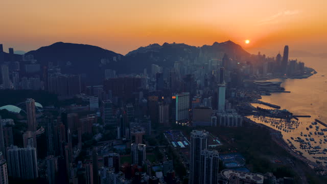 Aerial view Hong Kong urban skyline in sunset time