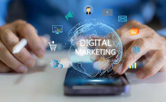 Human use phone with digital online marketing commerce sale, website advertising, promotion of products, digital marketing strategy and goals, digital search engine, SEO, social media, ads, E-commerce