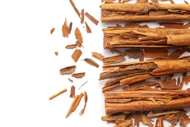 Photo of Dry organic Cinnamon sticks (Cinnamomum verum) isolated on a white background.