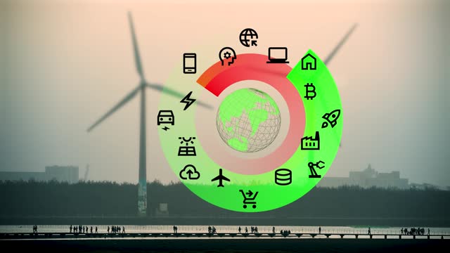 Various icons of human life around green earth. Clean and sustainable energy.