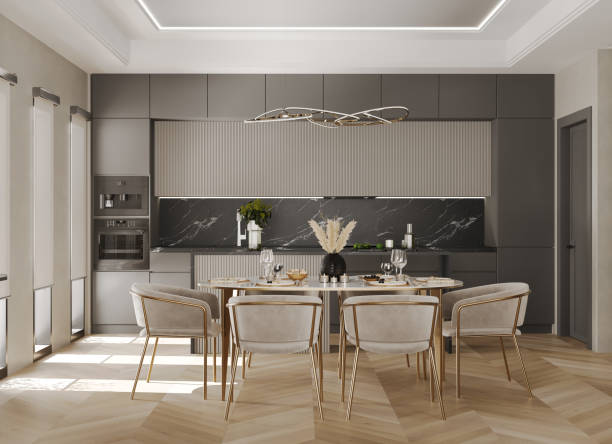istock Modern Organic Kitchen and Dinig Room Interior Design. 3D Modelling. 1936800520