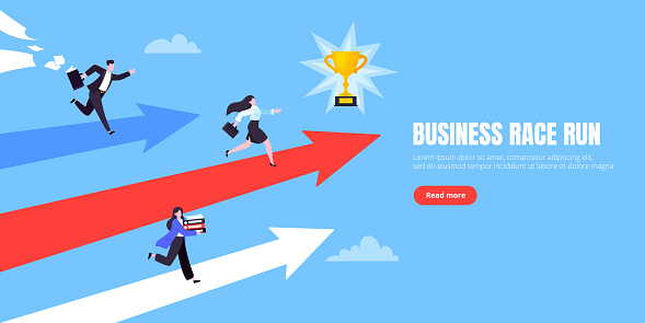 Business career competition with man and woman business persons running flat style design vector illustration concept. Leadership race employee competition with achieving success award.