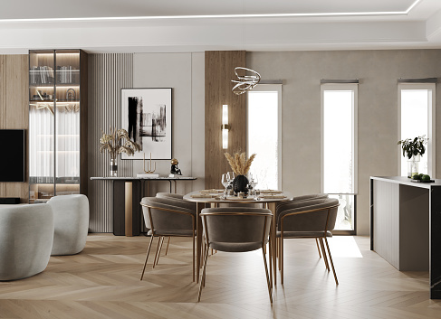 Elegant dining space within a kitchen, accented with an arch mirror, textured wall art, and a lush potted plant