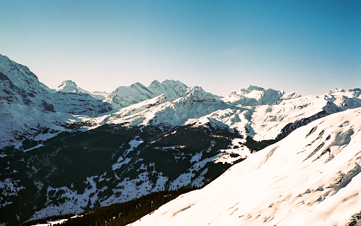 Scenic mountain vista of the Swiss Alps in Winter