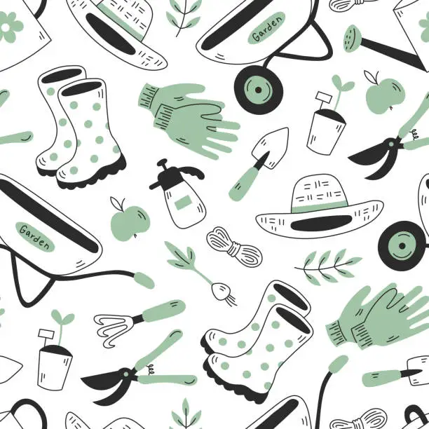 Vector illustration of Gardening items seamless pattern doodle