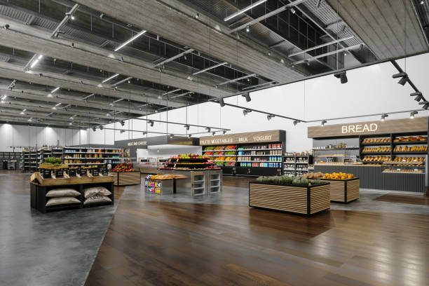 istock Supermarket With Empty Aisles And Different Products On Shelves 1936860353