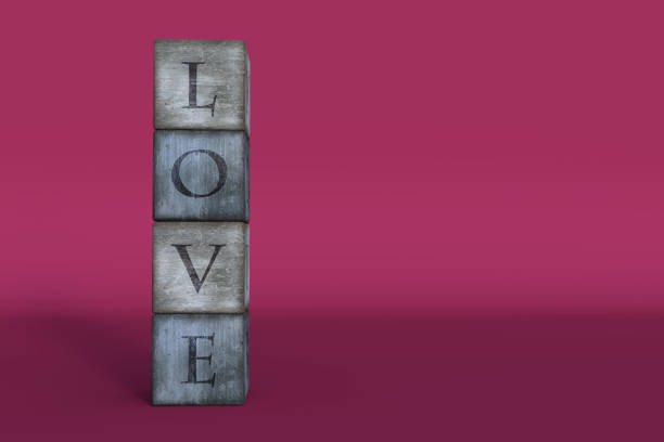 Wooden blocks spelling LOVE on a pink studio background. Valentines Day background 3D rendering.