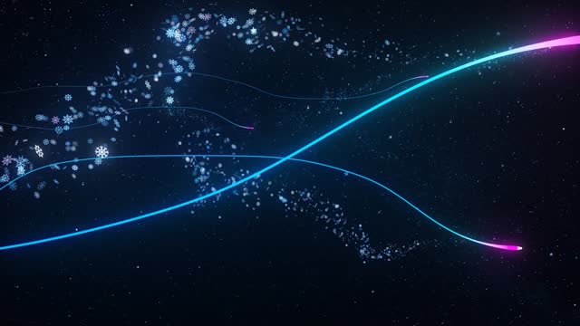 Glittering Rays Are Flying Leaving Shining Trail And Cutting Through Swarms Of Snowflakes And Particles In Black Space, Computer Graphic Digitally Generated