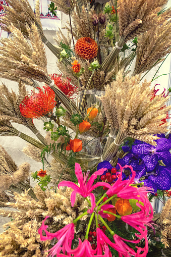 Composition of flowers and dry ears of wheat