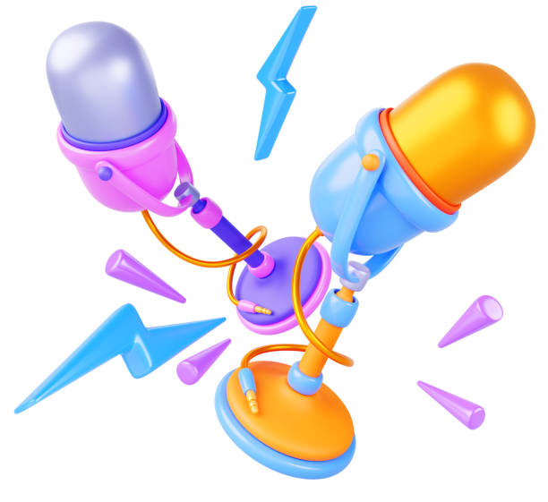 istock 3d render flying microphones with lightning flashes on white background. Isolated color mics for broadcast, podcast, stream, karaoke party, music radio or stand up show Cartoon banner 1936973894