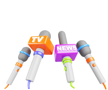 TV news microphones ready for press conference, interview with journalists, communication with media 3d render icon set. Reporter mics isolated on white background, Cartoon banner. 3D illustration