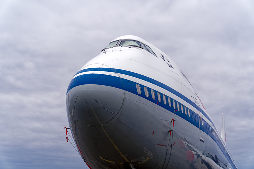 China Air airplane Boeing 747-8 registration B-2480 parked at Swiss Airport Zürich Kloten on a cloudy winter day. Photo taken January 15th, 2024, Zurich, Switzerland.