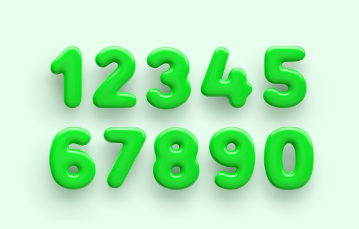 3D Green number 1,2,3,4,5,6,7,8,9 and null with a glossy surface on a light background