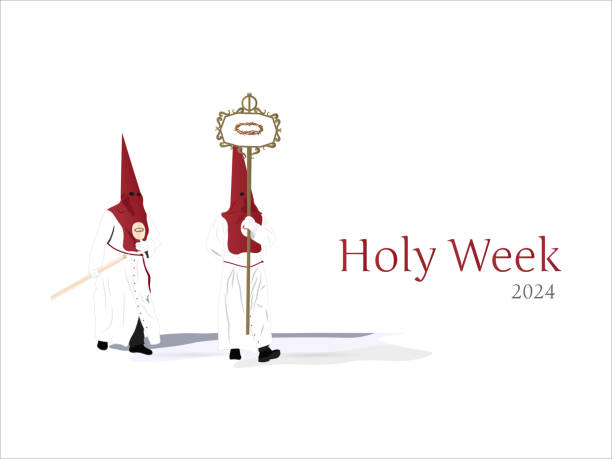 Cofrades with his habit, tunic and white glove and capirote of red color processing in holy week.white bottom. Cofrades with his habit, tunic and white glove and capirote of red color processing in holy week.white bottom.
Processions of holy week pics of a cross easter lilies stock illustrations