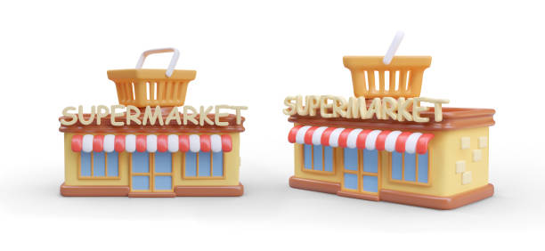 istock Set of 3D supermarket buildings, front and side view 1936987794