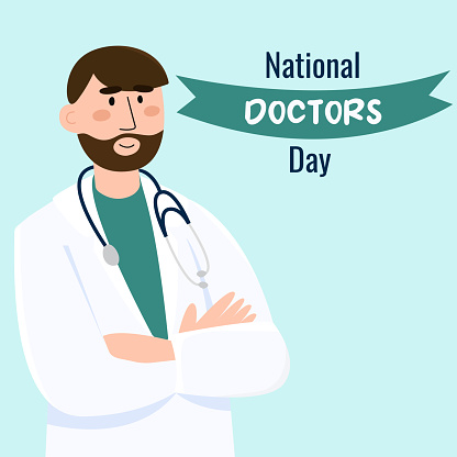 Vector banner of National Doctors Day.  Young smiling doctor with stethoscope, medical specialist.Medicine concept.