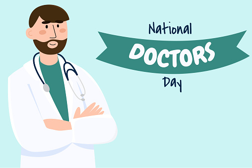 Vector banner of National Doctors Day.  Young smiling doctor with stethoscope, medical specialist.Medicine concept.