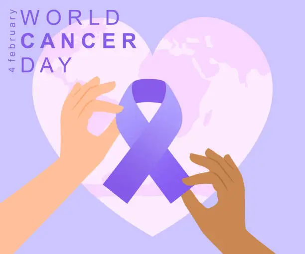 Vector illustration of Concept of 4 February World Cancer Day. Two different hands holding cancer ribbon with heart shaped globe in background.