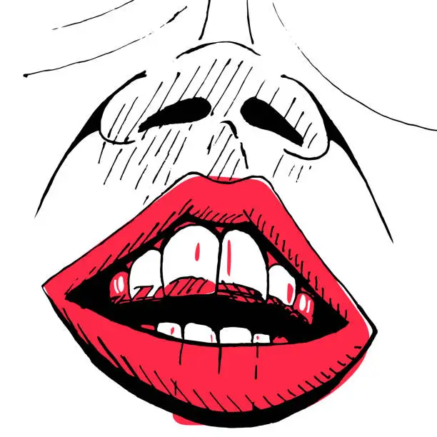 Vector illustration of Hand drawn sketch of a smile with teeth and red lips