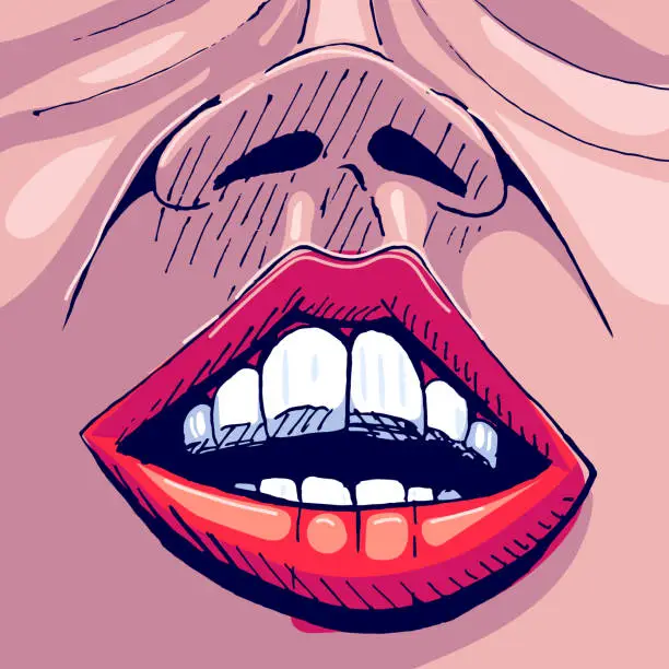 Vector illustration of Hand drawn sketch of a smile with teeth and red lips