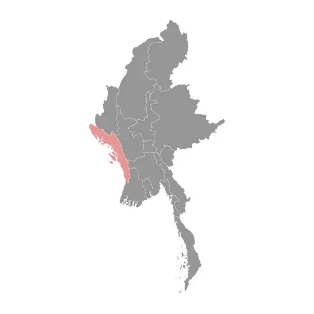 Vector illustration of Rakhine state map, administrative division of Myanmar. Vector illustration.