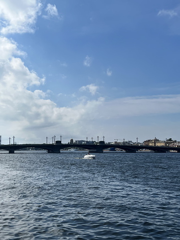 View of the Blagoveshchensky Bridge on the Neva river in St. Petersburg. High quality photo