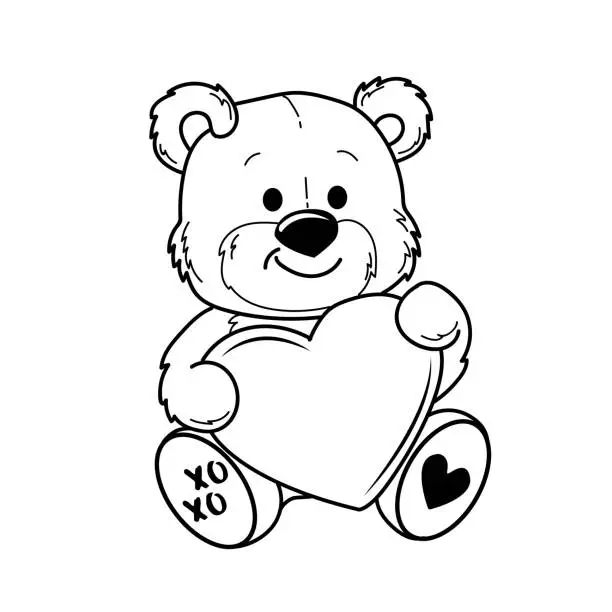 Vector illustration of Cute teddy bear in love with big heart. Vector cartoon illustration. Valentine's day card. Coloring book for children