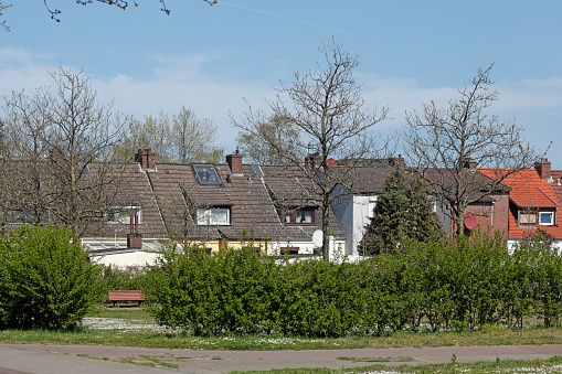 Residential buildings, detached houses in a green setting with park, Bremen, Germany