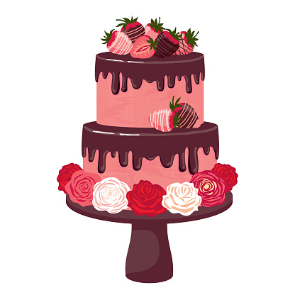 Strawberry cake with chocolate and roses. A two-storey cake with strawberries on a stand. Illustrated vector clipart.