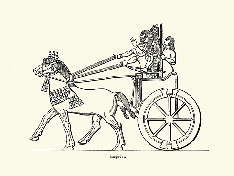 Vintage illustration Ancient Assyrian war chariot, Warriors armed with bow, History of warfare