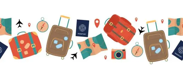 Vector illustration of Seamless Travel banner. Suitcases, passport, map, camera, compass for travel and business trips isolated on white background. Flat vector illustration. Time to travel seamless pattern.