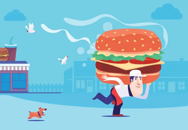 Vector illustration of cheerful waiter carrying big hamburger on back