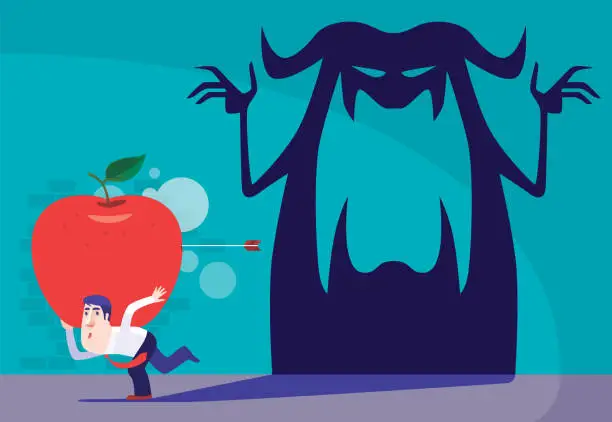 Vector illustration of businessman carrying big apple with devil shadow following