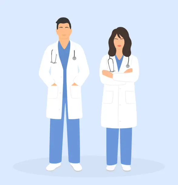 Vector illustration of Full Length Of Young Male Doctor Standing With Hands In Pockets And And Young Female Doctor Standing With Arms Crossed. National Doctors' Day Concept